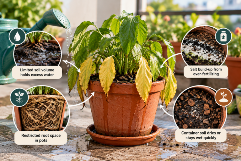 How over-caring affects container plants, showing a drooping potted plant, waterlogged soil, restricted root space, fertilizer salt buildup, and uneven soil moisture.