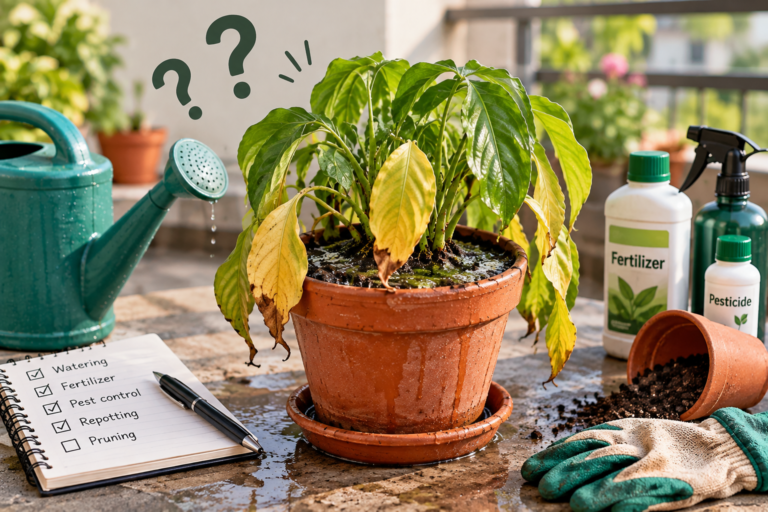 Drooping container plant with yellowing leaves, waterlogged soil, and gardening tools illustrating signs of over-caring for potted plants.