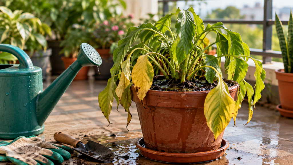 Drooping container plant with yellowing leaves and waterlogged soil, showing signs of possible overwatering from excessive plant care