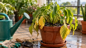 Drooping container plant with yellowing leaves and waterlogged soil, showing signs of possible overwatering from excessive plant care